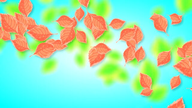 Abstract video with falling horizontally colorful leaves on a blue gradient background. Hand-drawn 2D animation of high quality 4K.