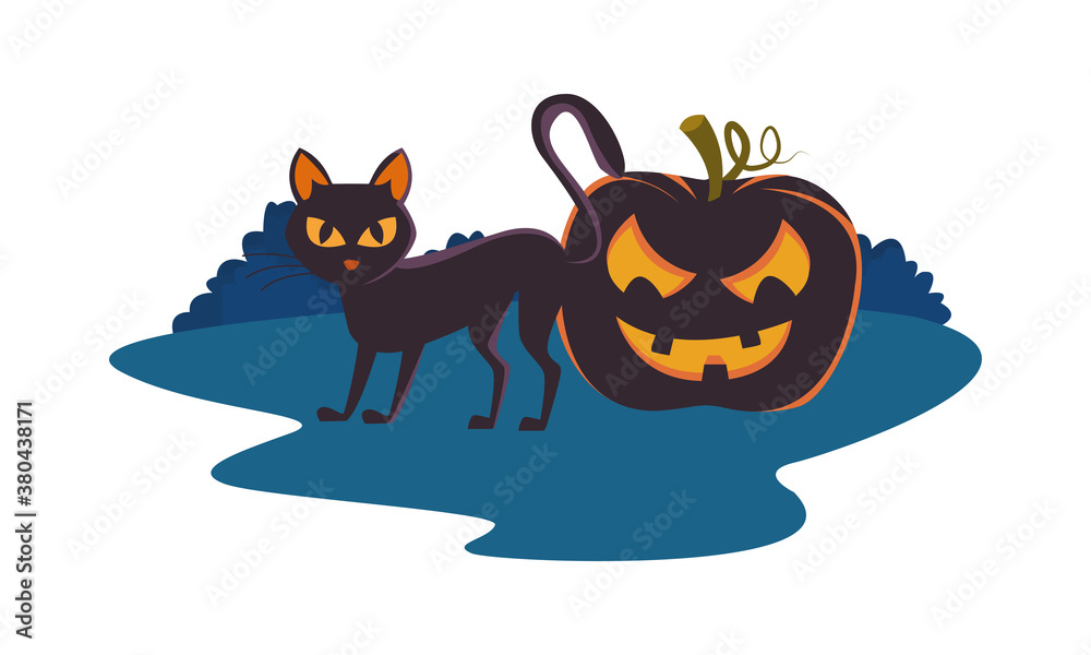 Sticker halloween pumpkin with face and cat