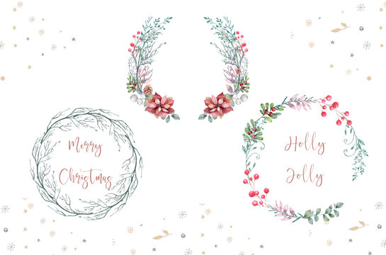 Watercolor Christmas set with wearth. Hand drawing christmas decoration. Winter holiday design. Berry wreath for Christmas greeting card.