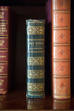 holy bible amongst vintage books on a library shelf