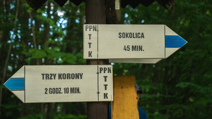 PIENINY, POLAND- 09/12/2020: Signs with hiking trails in the Pieniny mountains, Poland