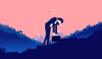 Woman fatigue - Female person walking and fighting her way up hill with low energy, feeling empty, exhausted and tired. Lack of motivation concept. Vector illustration.