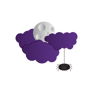 Purple Clouds And Full Moon And Spider Hanging, Colorful Design