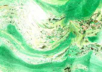 Texture of green and yellow watercolor spots on white paper