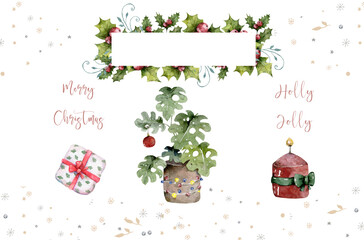 Watercolor Christmas set of wreath with christmas tree spruce branches, flower and berries on a white background isolated. Holiday decoration winter element Scandinavian invitation style