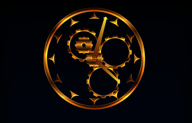 Obraz premium isolated, sign, gold, film, 3d, fire, wheel, symbol, black, icon, car, white, circle, round, yellow, reel, old, peace, light, metal, red, cinema, movie, design, illustration,time,clock