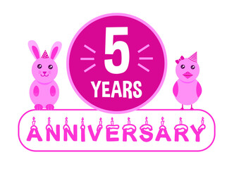 5th birthday. Five years anniversary celebration banner with pink animals theme for kids.