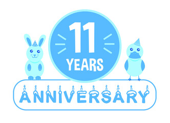 11th birthday. Eleven years anniversary celebration banner with blue theme for kids.
