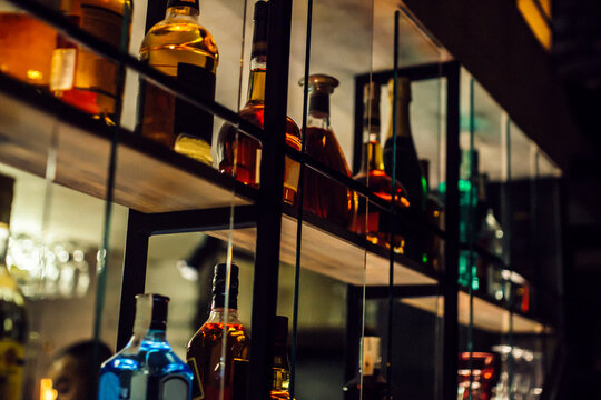 restaurant,bottles of various alcoholic drinks