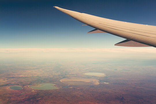 Aerial view of natural salt lakes seen flying over Australia,