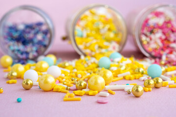 Close-up collection of sprinkles for cake and ice-cream and cookies. Selective focus