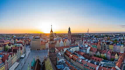 Aerial drone view on Wrocław old town and main square at sunset. © Daniel Jędzura
