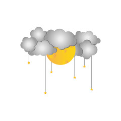 gray clouds full moon and stars hanging, colorful design