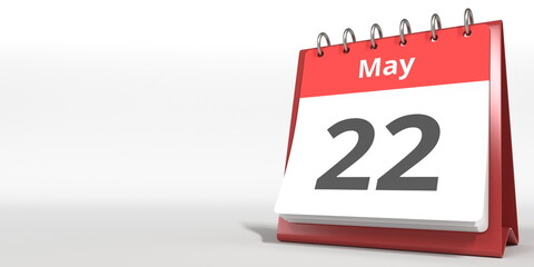May 22 date on the flip calendar page, 3d rendering