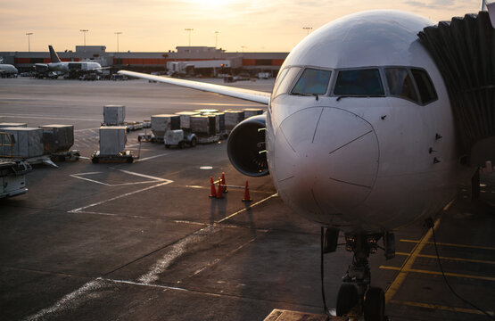 Airplane at airport departure gate