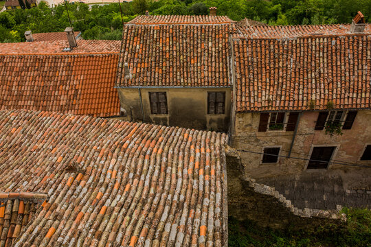 Old town with orange stone roof from above