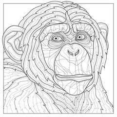 Chimpanzee. Animal.Coloring book antistress for children and adults. Zen-tangle style.Black and white drawing