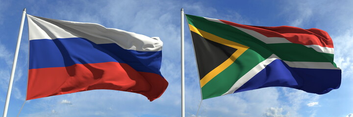 Waving flags of Russian Federation and South africa on flagpoles, 3d rendering