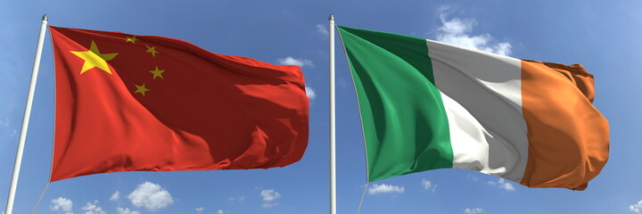 Flying flags of China and Ireland on sky background, 3d rendering