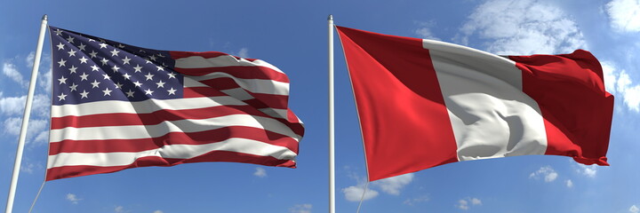 Flying flags of the USA and Peru on sky background, 3d rendering