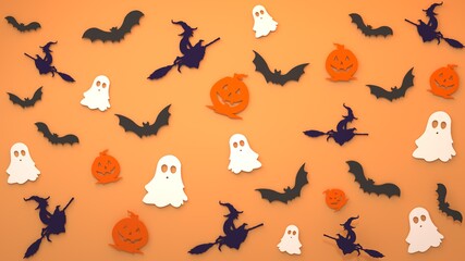 Obraz na płótnie Canvas Halloween minimal pattern made with paper ghost, pumpkin, witch and bat. Autumn holiday concept background. Holiday party decoration. 3d rendering
