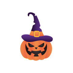 cartoon pumpkin with witch hat, flat style