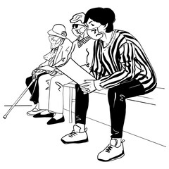 Sketch of Group of people siting and waiting for doctor in medical masks. Black Vector illustration