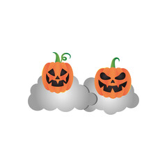 halloween pumpkins and gray clouds, flat style