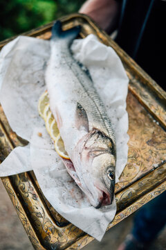 Food: Fresh sea bass stuffed with lemon and herbs, ready to be grilled