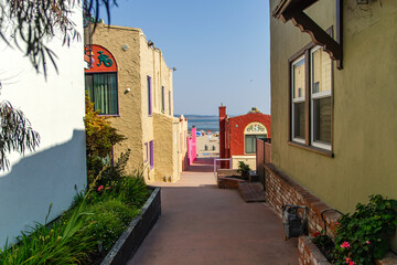 Street with colorful houses in Capitola.