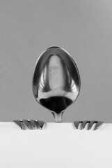 Abstract person made of spoon and forks sitting at the table.