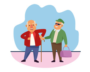 old men with handbag and cane active senior characters