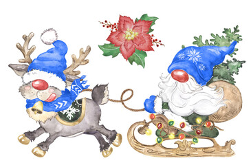 Watercolor illustration with gnome santa and new year deer, gnome on sleigh, gnome and deer