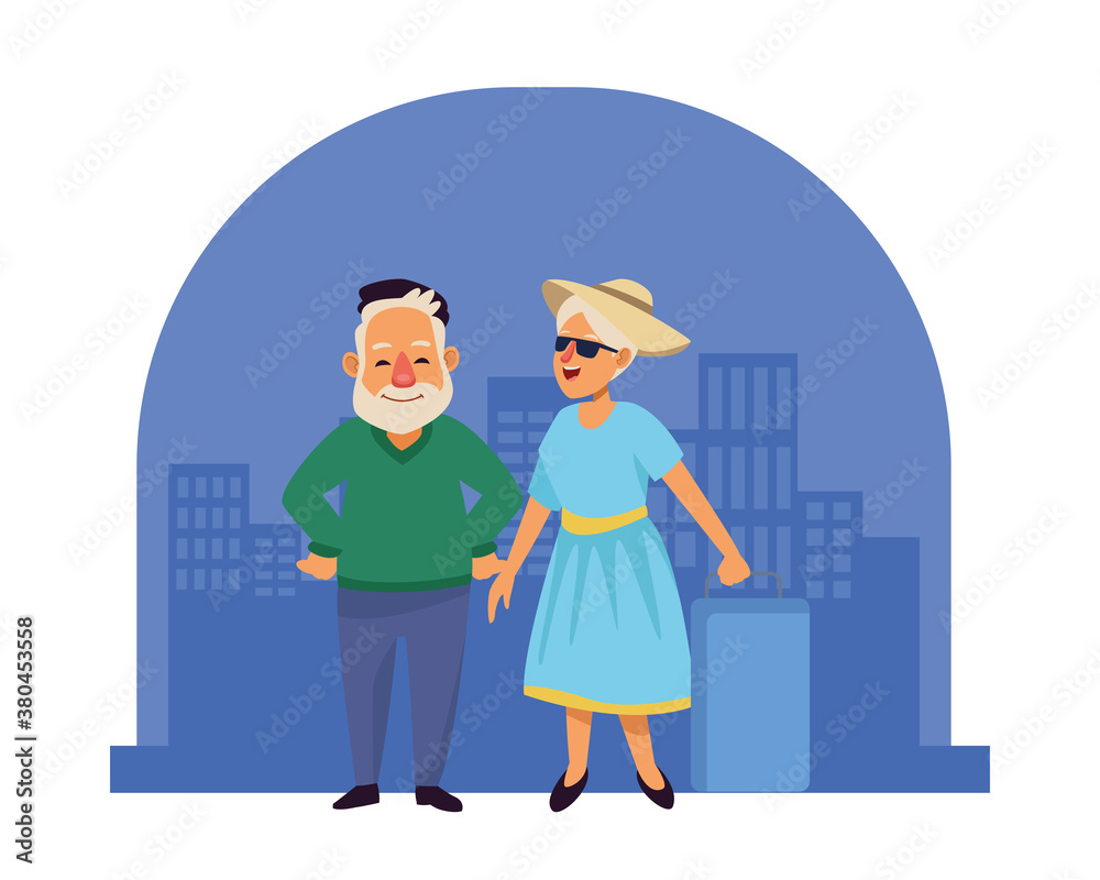 Sticker old couple travelers with suitcase