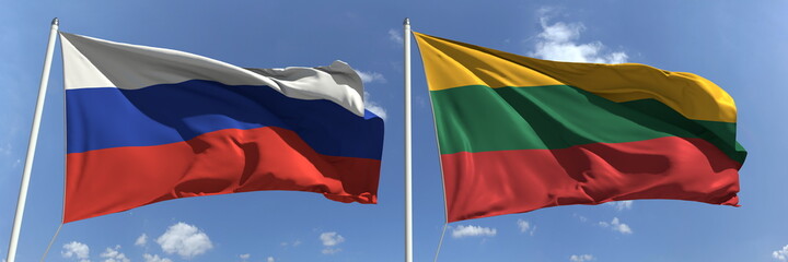 Waving flags of Russia and Lithuania on flagpoles, 3d rendering