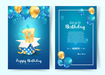 Celebration of 11th years birthday vector invitation card. Eleven years anniversary celebration brochure. Template of invitational for print on blue background
