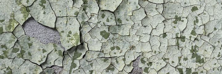 Peeling paint on the wall. Panorama of a concrete wall with old cracked flaking paint. Weathered rough painted surface with patterns of cracks and peeling. Wide panoramic texture for grunge background
