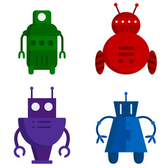 Collection of different robots. Fictional characters in cartoon style.