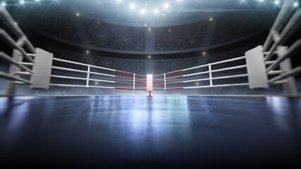 3D boxer arena with viewers. Empty boxing ring under lights. Full tribune. Wide angle. 3D rendering - obrazy, fototapety, plakaty