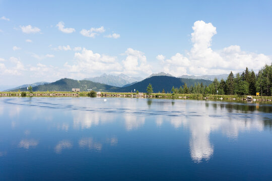 Lake with mountain Dachstein on Reiteralm, austria