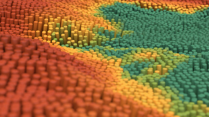 Brown, green, yellow cylinders morphing. Landscape concept. Close-up. Abstract illustration, 3d render.