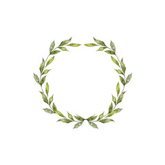 Olive bouquet Watercolor effect floral illustration with olive branches wreath circle shape and ribbon on white background