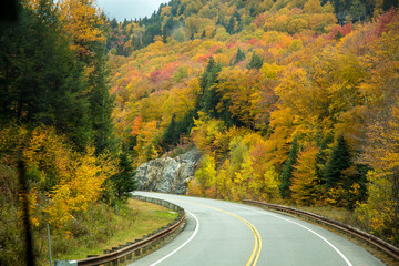 Lost River Road (Hwy 112) winds through a hardwood forest with trees showing peak fall color, west of Lincoln, New Hamnpshire., White Mountain National Forest.