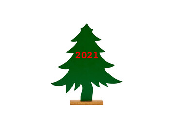 Wooden Christmas tree isolated on white background. Christmas 2021 New Year 2021