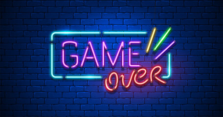 Game Over. Neon Text Sign with a Brick Wall Background. Design template. Trendy Night neon signboard bright advertising banner light art. Vector illustration.