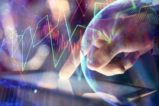 Multi exposure of man's hands holding and using a phone and financial chart drawing. Market analysis concept. - Powered by Adobe
