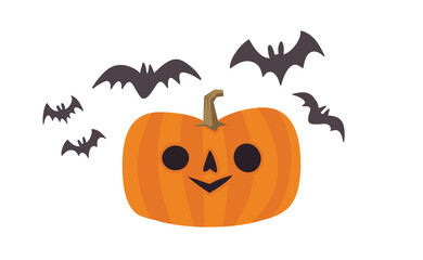 Happy Halloween design. Cute pumpkin with carved smile face, spooky season. Funny illustration. Trick or treat decoration.