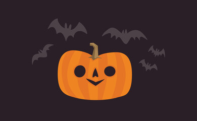 Happy Halloween design. Cute pumpkin with carved smile face, spooky season. Funny illustration. Trick or treat decoration.