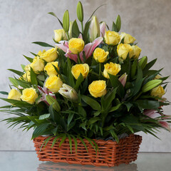 Bunch of yellow roses and lilies.