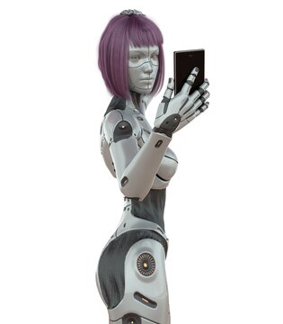 Cyborg girl with smartphone concept isolated on white background 3d illustration